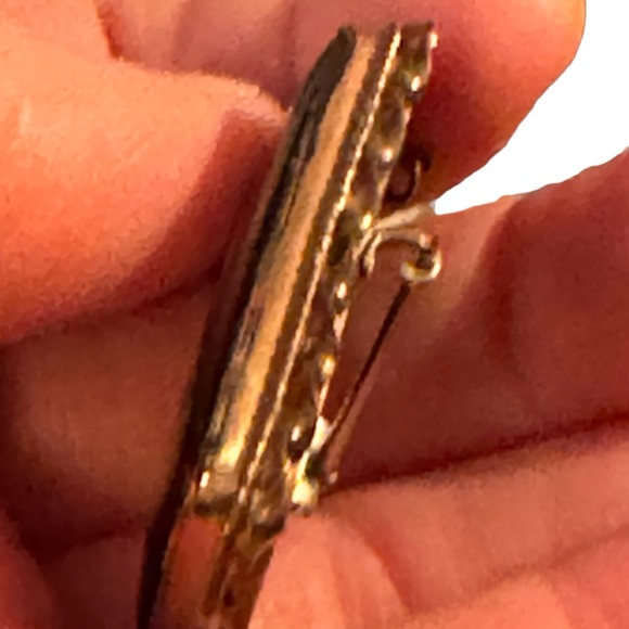 Antique Hand Painted Blue Flower Black Enamel Brooch Ornate Gold Lg Art Nouveau - Picture 6 of 9